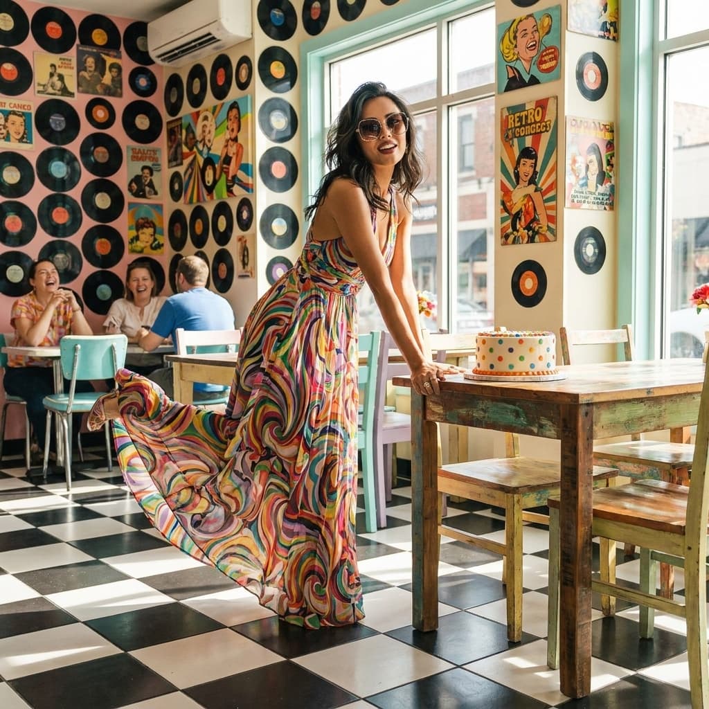 Feeling groovy in my kaleidoscopic maxi dress, this retro cafรฉ is serving up major vibes! Who's ready to twirl and taste? ๐ฐโจ #RetroChic #MaxiMagic #ColorfulVibes #PlayfulStyle